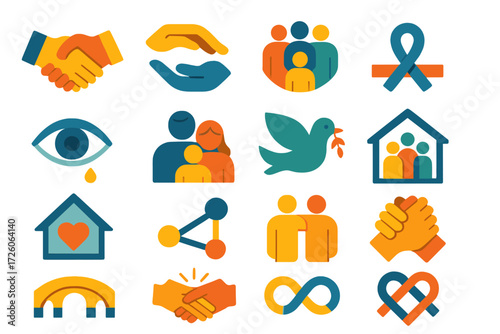 Support Icons Set. Relationship support set of icons in abstract flat : handshake, supportive hands, unity circle, promise ribbon, empathy eyes,