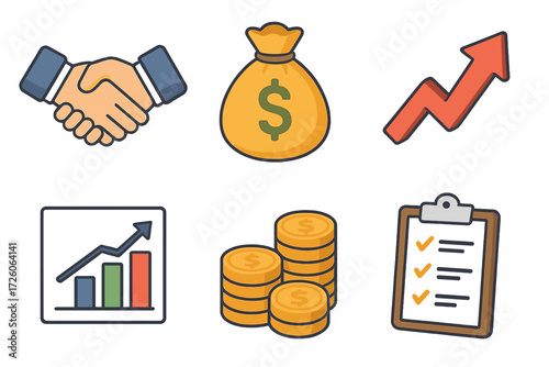 Deal Icon Set. Deal making set icons in modern isometric flat : handshake, money bag, upward arrow, chart, coins stack, clipboard