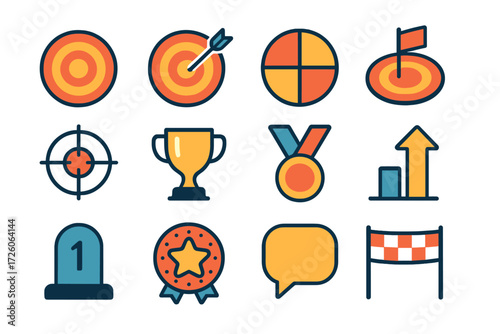 Vibrant Goal Icons. Basic goal targets in modern flat vector : bullseye target, arrow hitting center, dartboard, flag on target, crosshair, trophy,