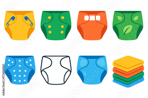 Colorful Cloth Diaper Icons. Basic Cloth Diapers in modern flat vector : classic cloth diaper with pins, reusable cloth diaper with snap, cloth diaper