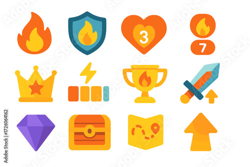 Gamified Icon Set. Gamified streak tracking in modern flat vector : fire icon, shield with flame, heart with streak, streak counter, crown with star,
