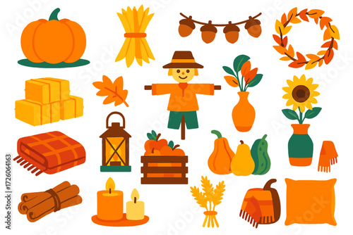 Autumn Harvest Icons. Autumn Decor in modern flat vector : pumpkin centerpiece, corn husk bundle, acorn garland, fall leaf wreath, hay bale stack,