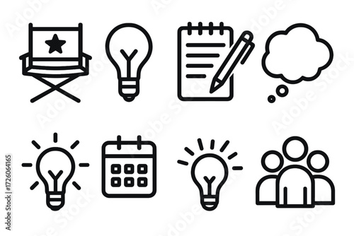 Creative Process Icons. Creative process icons in outline style: director seat, light bulb, notepad, pen, thought bubble, idea spark, calendar,