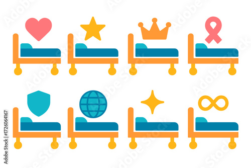Symbolic Hospital Beds. Symbolic Hospital Beds in modern flat vector : hospital bed with heart, hospital bed with star, hospital bed with crown,