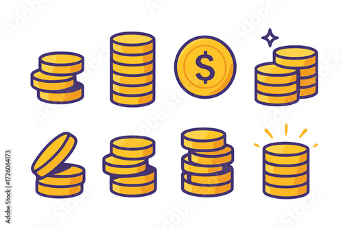 Vibrant Coin Icons. Coin Stack in modern flat vector : small stack of coins, tall stack of coins, coins with dollar symbol, coins with star, coins