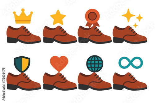 Iconic Dress Shoes. Symbolic Dress Shoes set of icons in neo-flat style: dress shoes with crown, dress shoes with star, dress shoes with ribbon, dress