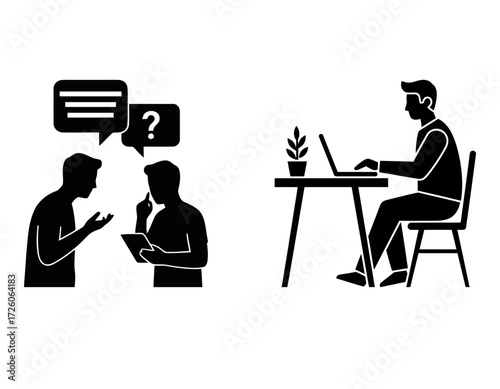 Silhouetted colleagues converse and share ideas, while a third person works on a laptop at a clean desk with a small plant. A scene of collaboration and focused office work.