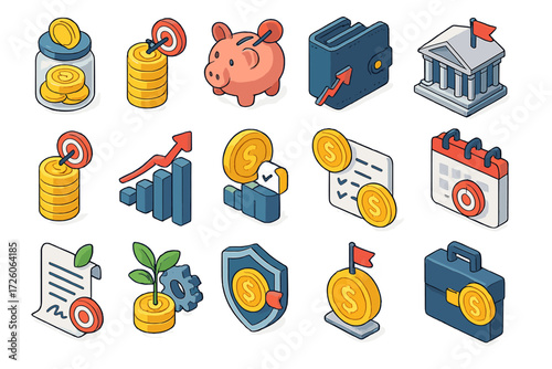Financial Goals Icons. Functional Financial Goals set icons in modern isometric flat : savings goal jar, piggy bank with target, wallet with arrow,