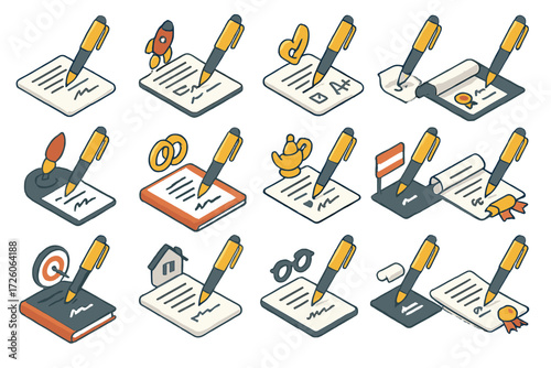 Diverse Pen Icons. Event Resolution Pens set icons in modern isometric flat : contract signing pen, office agreement pen, school exam pen, award