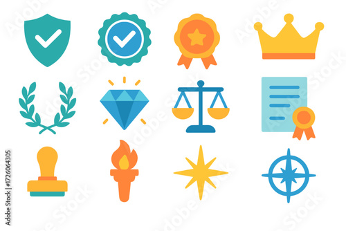 Iconic Trust Symbols. Trust & quality in modern flat vector : shield check, trust seal, verified badge, strong foundation, ribbon award, crown, laurel