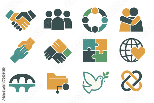 Unity Icons. Community feedback loop set of icons in abstract flat : handshake, group silhouettes, unity circle, supportive hug, helping hand,