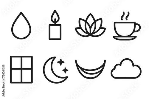 Calm Mood Icons. Calm mood icons in outline style: raindrop, candle flame, lotus flower, tea cup, window, starry night, hammock, soft cloud.