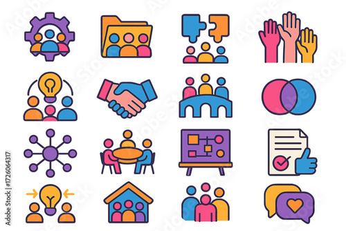 Teamwork Icons Collection. Collaboration in modern flat vector : teamwork gear, group avatars, shared folder, puzzle pieces, raised hands,