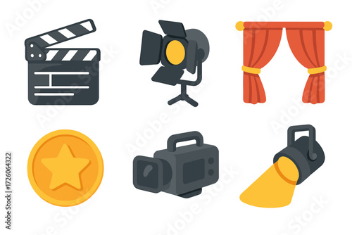 Isometric Film Icons. Scene setup set icons in modern isometric flat : clapboard, stage light, curtain, star badge, video recorder, spotlight beam
