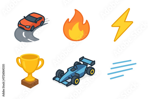 Adrenaline Icon Set. Adrenaline rush set icons in modern isometric flat : drift turn, flame, lightning bolt, trophy, racing car, motion lines