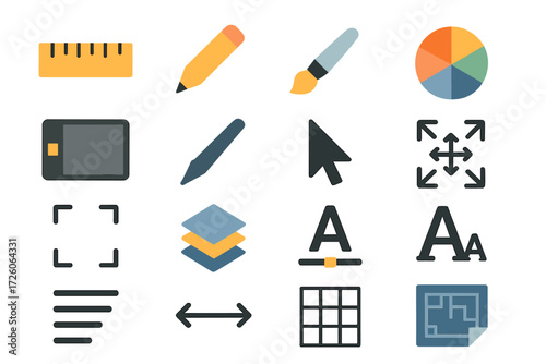 Design Icons. Design tools set of icons in abstract flat : ruler, pencil, paintbrush, color wheel, digital tablet, stylus, mouse cursor, drag icon,