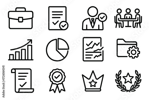 Workplace Yes Mindset Icons. Workplace yes mindset icons in outline style: briefcase, contract paper, supervisor figure, meeting table, bar chart,