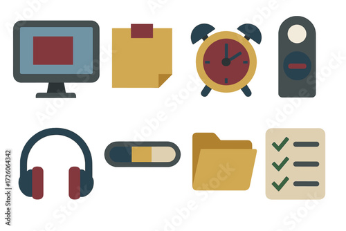 Concentration Tools Icons. Work concentration tools set of icons in abstract flat : computer monitor, sticky note, alarm clock, do not disturb sign,