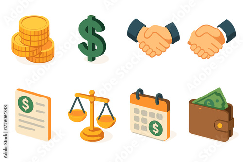 Worker Pay Icon Set. Worker pay icons set icons in modern isometric flat : coin stack, dollar sign, briefcase, handshake, payslip, balance scale,