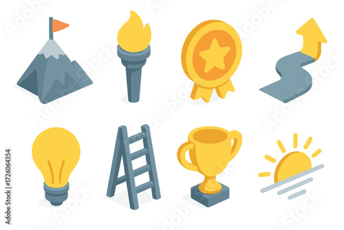 Empowerment Icon Set. Empowerment set icons in modern isometric flat : mountain peak, torch flame, star badge, path arrow, light bulb, ladder steps,