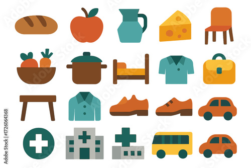 Everyday Icons Collection. Household needs set of icons in abstract flat : bread loaf, apple, milk jug, cheese wedge, vegetables basket, cooking pot,