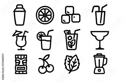Cocktail Bar Icons. Cocktail bar icons in outline style: cocktail shaker, lemon slice, ice cubes, straw, umbrella drink, fruit garnish, mojito glass,