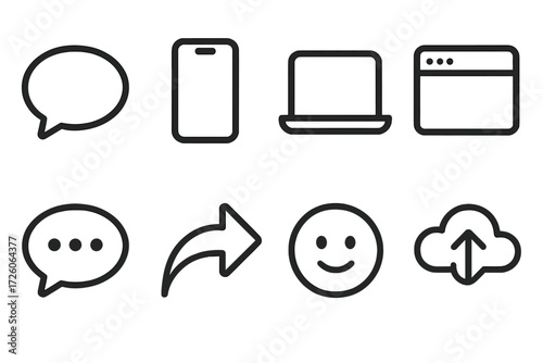 Digital Chat Icons. Digital chat icons in outline style: speech bubble, smartphone, laptop, app window, typing dots, send arrow, emoji face, cloud