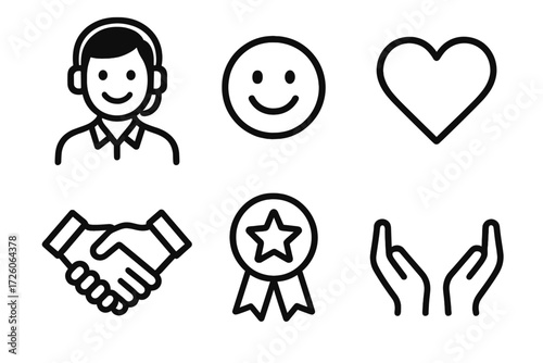Customer Service Icons. Customer care icons in outline style: happy customer, smile face, heart, handshake, star badge, open hands