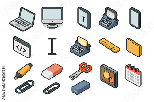 Isometric Work Tools. Work tools set icons in modern isometric flat : laptop, desktop screen, tablet, mobile phone, code editor, text cursor,