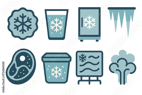Cold Storage Icons. Cold storage visuals set of icons in abstract flat : snowflake badge, frosty glass, freezer door, icicle, frozen steak, sealed