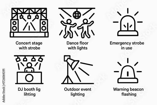 Dynamic Event Lighting. Situations icons in outline style: concert stage with strobe, dance floor with lights, emergency strobe in use, DJ booth