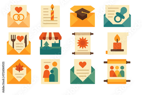 Event Wish Icon Set. Event Wish Notes set of icons in abstract flat : wedding guest wish note, birthday party wish card, graduation wish envelope,