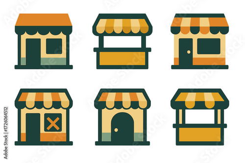 Colorful Storefront Icons. Basic Storefront set of icons in abstract flat : small shop, market stall, shop with awning, closed shop, open shop, kiosk