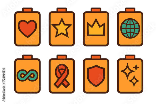 Symbolic Battery Icons. Symbolic Battery Banks set of icons in abstract flat : battery bank with heart, battery bank with star, battery bank with