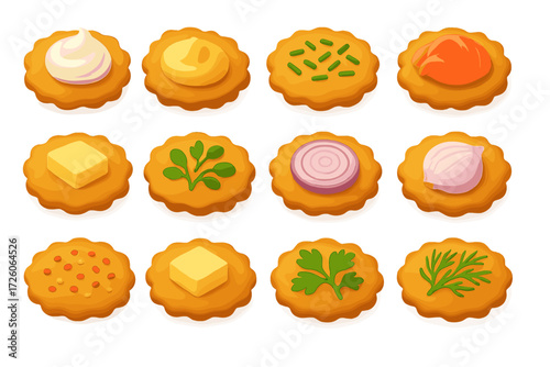 Latke Toppings Icons. Toppings for Latkes set of icons in gradient flat : latke with sour cream swirl, latke with applesauce dollop, latke with chives