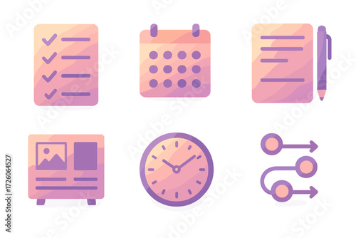 Gradient Icon Set. Planning Tools set of icons in gradient flat : checklist, calendar, notepad with pen, vision board, clock, roadmap.