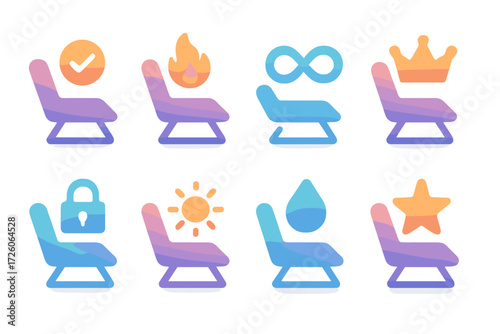Therapist Chair Icons. Care Indicators set of icons in gradient flat : therapist chair with check mark, therapist chair with flame, therapist chair