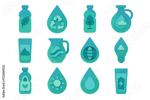 Eco Hydration Icons. Eco Hydration set of icons in gradient flat : bottle with leaf, droplet with recycle symbol, bottle with tree, canteen with