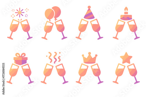 Festive Glass Clinks. Celebration Glass Clink set of icons in gradient flat : glass clink with fireworks, glass clink with balloons, glass clink with
