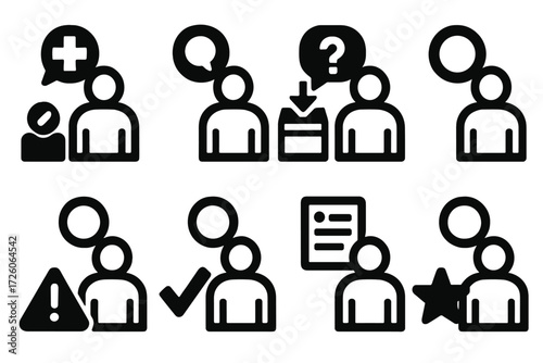 Brutalist Check-In Icons. Feedback & Support silhouette set : employee check-in with support icon, employee check-in with question mark, employee