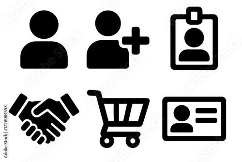 Brutalist Customer Icons. Basic New Customer silhouette set : person icon, add user symbol, profile badge, handshake, shopping cart, customer card.