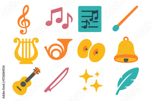 Musical Icons Collection. Ornamental Symbols icons in modern flat : treble clef, notes cluster, sheet music, conductor baton, lyre, horn, cymbals,