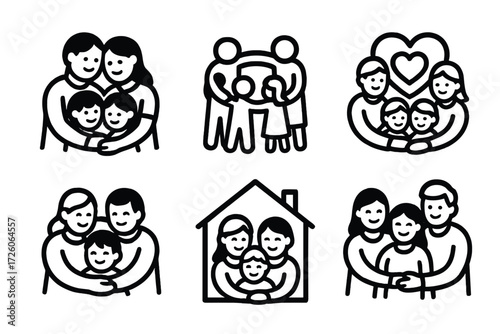 Family Huddle Icons. Family Group Huddle icons in outline style: parents and children hug, family circle, heart in center of group, shared embrace,