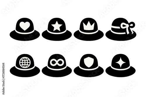 Fashion hat silhouette icon set. featuring heart, star, crown, bow, globe, infinity, shield, and sparkling symbols