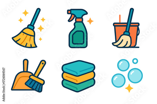 Cleaning Tools Icons. Cleaning Ritual Icons icons in modern flat : broom with sparkles, spray bottle with shine, mop and bucket, dustpan with brush,