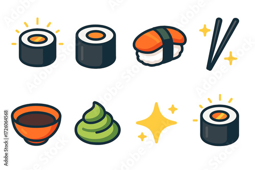 Vibrant Sushi Icons. Sushi Roll icons in modern flat : sliced roll, maki piece, nigiri with topping, chopsticks outline, soy bowl, wasabi icon,