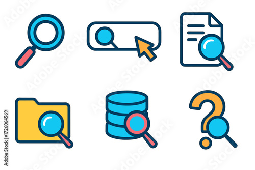 Search and database silhouette icon set. featuring magnifier, folder, document, database, cursor, and question mark symbols