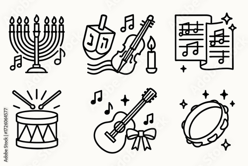 Hanukkah Musical Icons. Hanukkah Music icons in outline style: menorah with notes, dreidel with melody, violin with candle glow, sheet music with