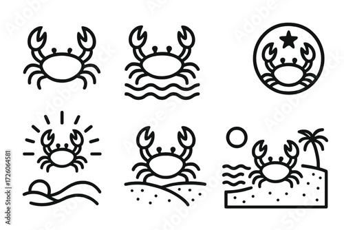 Beach life linear icon set. featuring crab, sea, sun, beach, palm tree, moon, ocean, sand, vacation, wave symbols