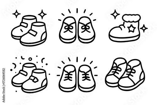 Festive Baby Shoe Icons. Festive Baby Shoes icons in outline style: sparkling baby booties, glowing infant shoes, decorated holiday shoes, confetti